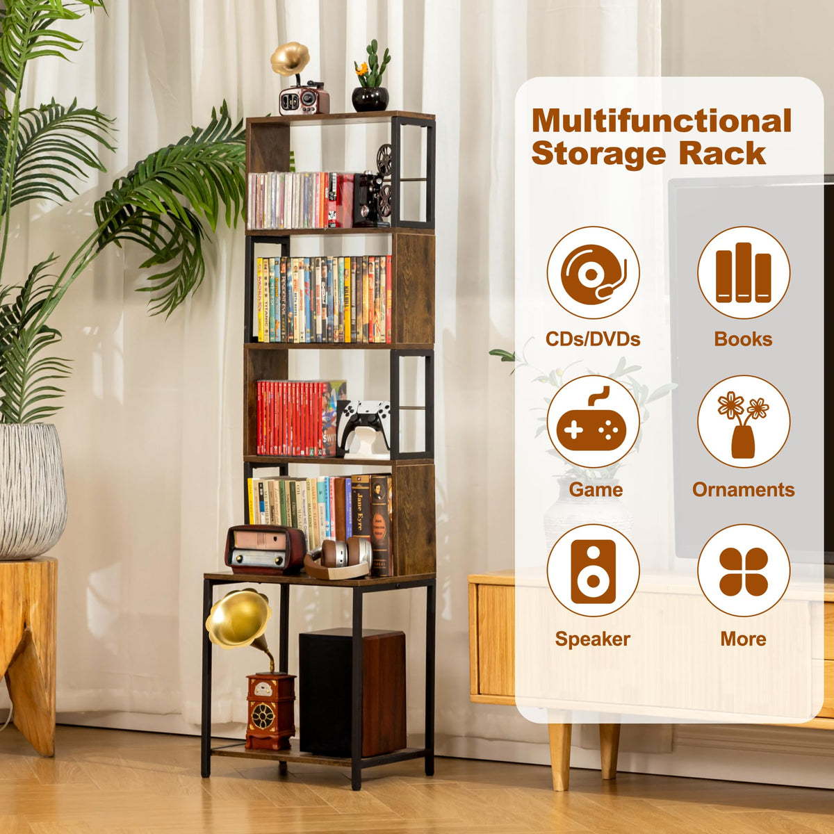 Aquzee four-tier media rack saves floor space while showcasing books and Games.