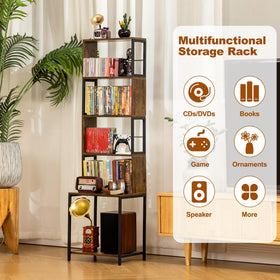 Aquzee four-tier media rack saves floor space while showcasing books and Games.