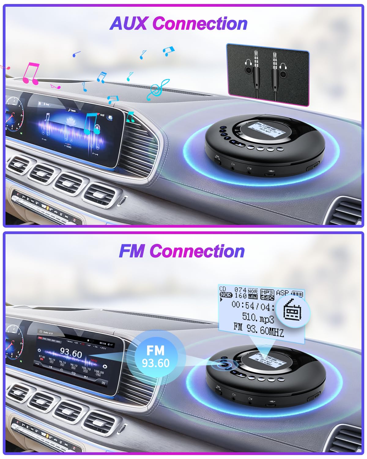 ARAFUNA FM frequency display set to transmit for easy car stereo pairing