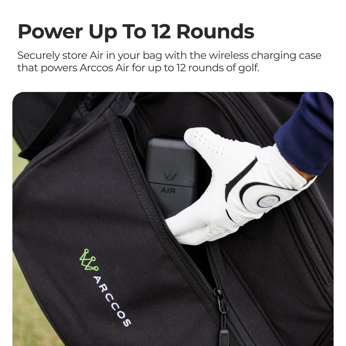 Arccos Air charging case powering the wearable for multiple rounds.