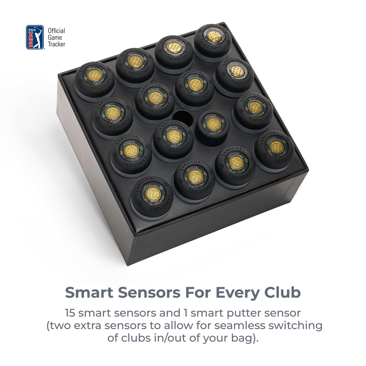 Arccos smart sensors on clubs are ultra-light and weather-resistant.