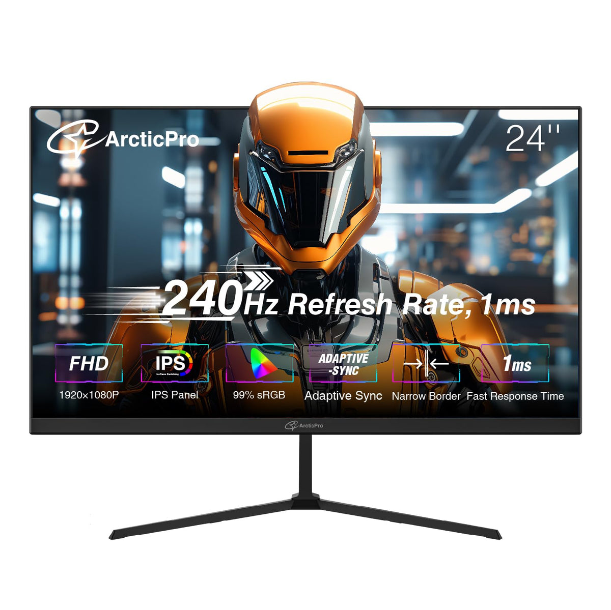 ArcticPro 24-inch gaming monitor front view showing slim frameless design for modern desks