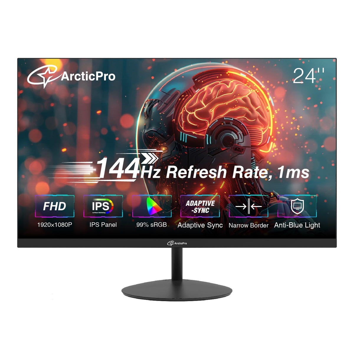 ArcticPro 24-inch monitor front view showing slim design for immersive viewing.