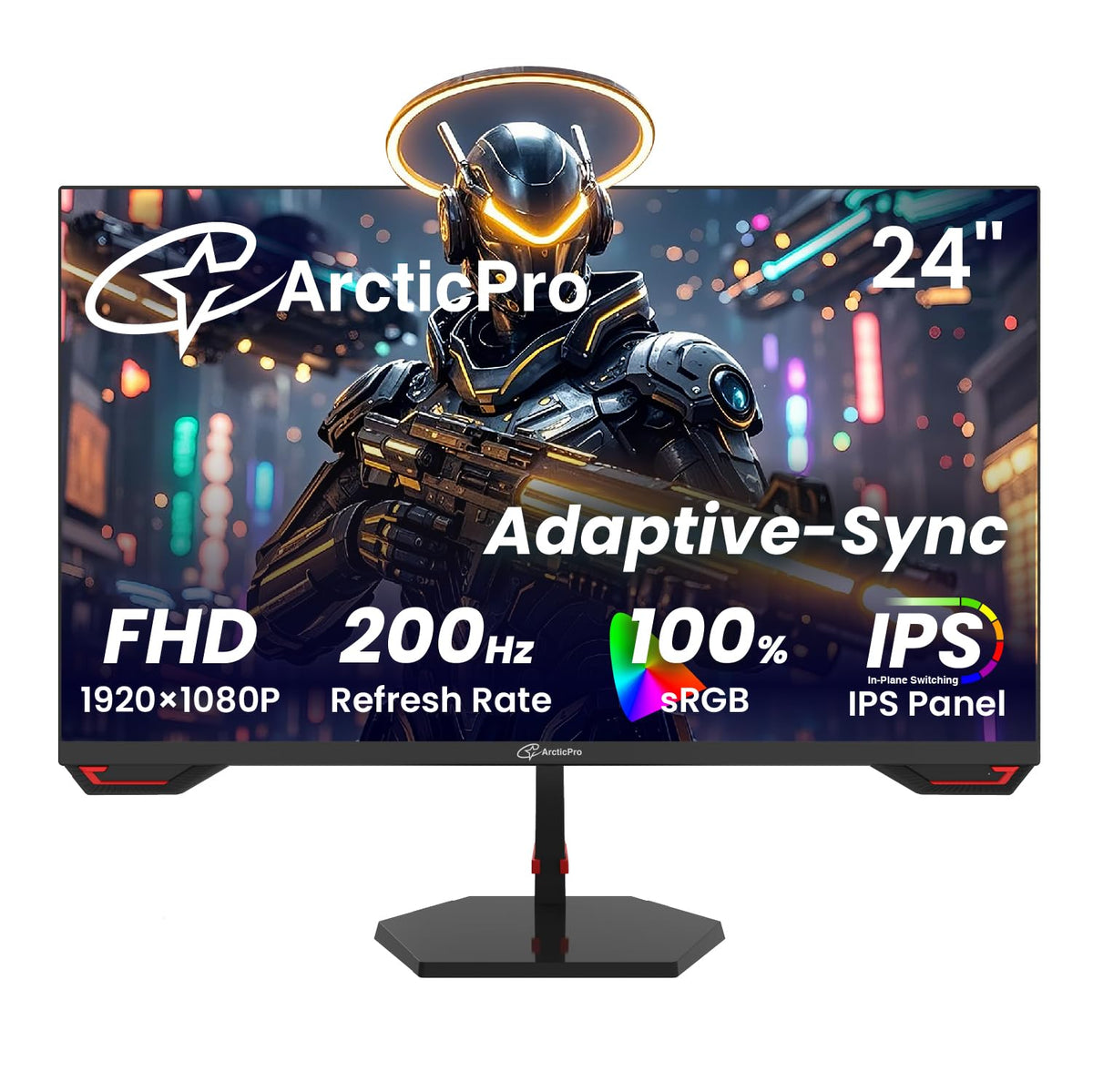 ArcticPro 24-inch gaming monitor front view shows slim frame and crisp Full HD visuals.