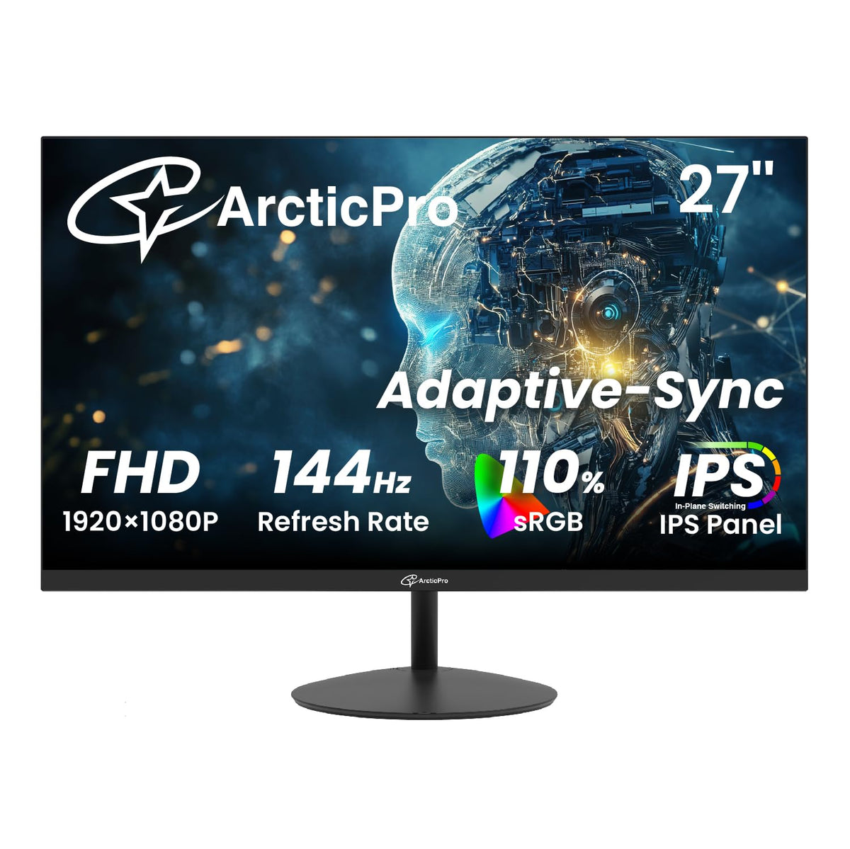 ArcticPro 27-inch monitor front view with slim bezel for immersive gaming visuals