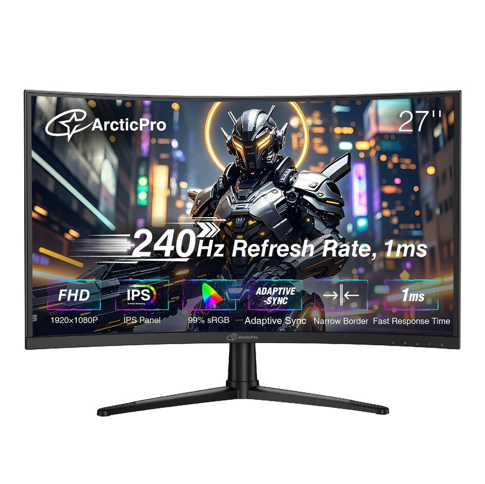 ArcticPro 27-inch curved gaming monitor front view highlighting immersive curve for gaming
