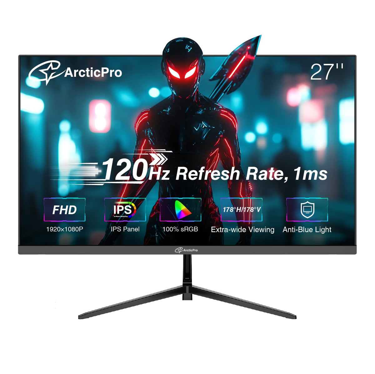 ArcticPro 27-inch monitor front view for crisp Full HD visuals and everyday productivity.