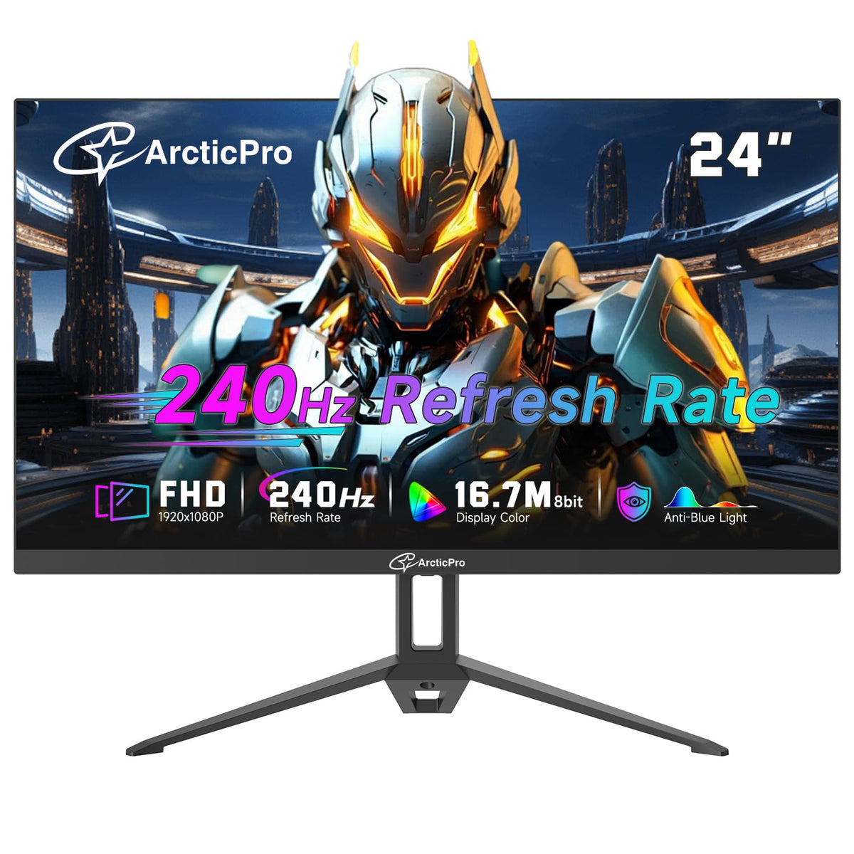 ArcticPro 24inch monitor front view with slim bezel for immersive gaming setups.