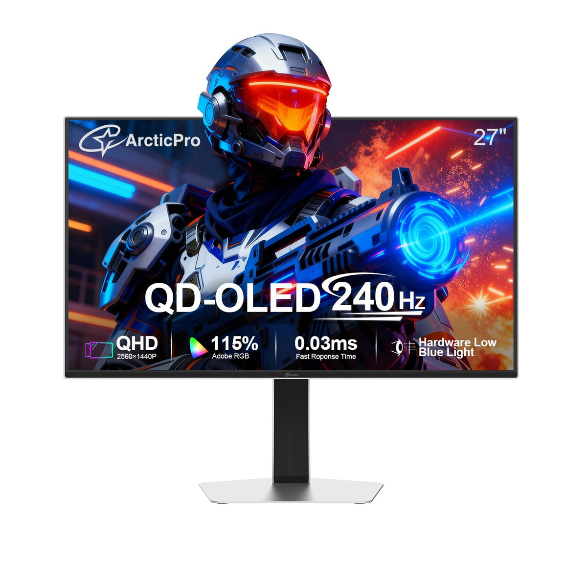 ArcticPro Monitor 27-inch QD-OLED display showing vibrant gaming colors