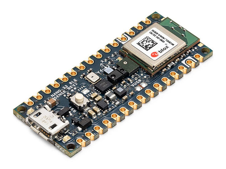 Arduino Nano 33 BLE Sense Rev2 front view showing connectors and layout for easy prototyping
