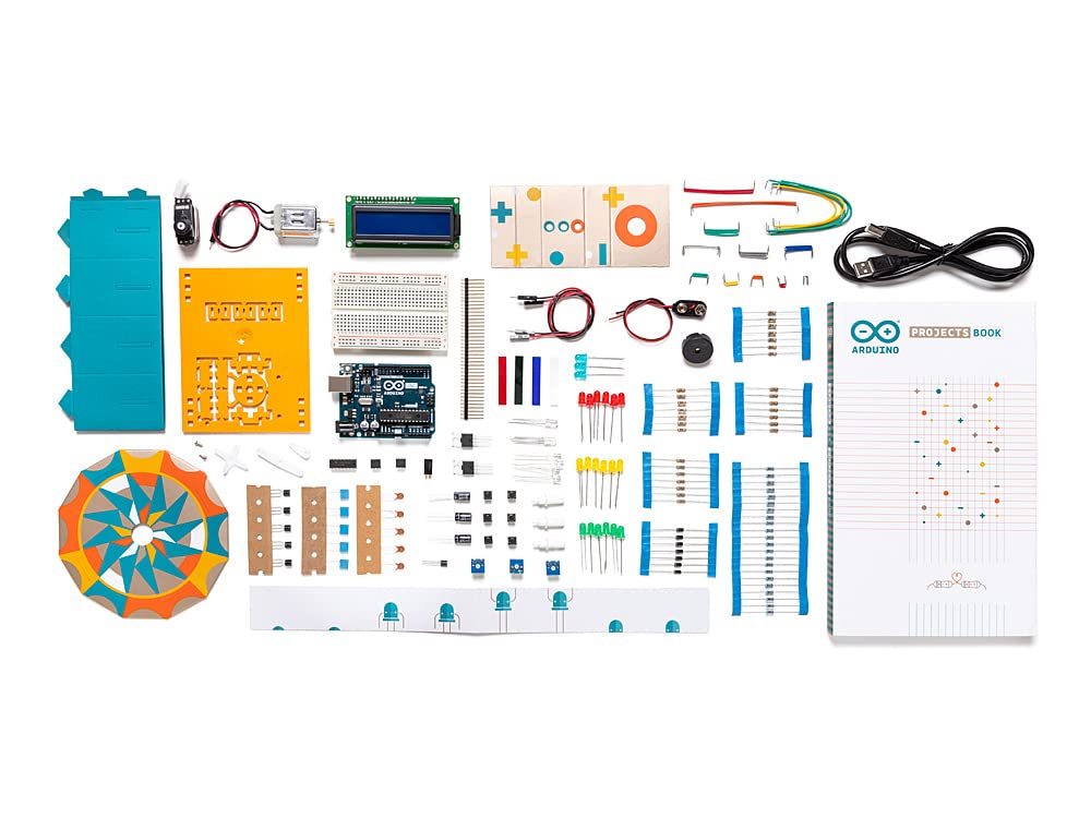 Arduino Official Starter Kit assembled board with wires ready for hands-on practice.