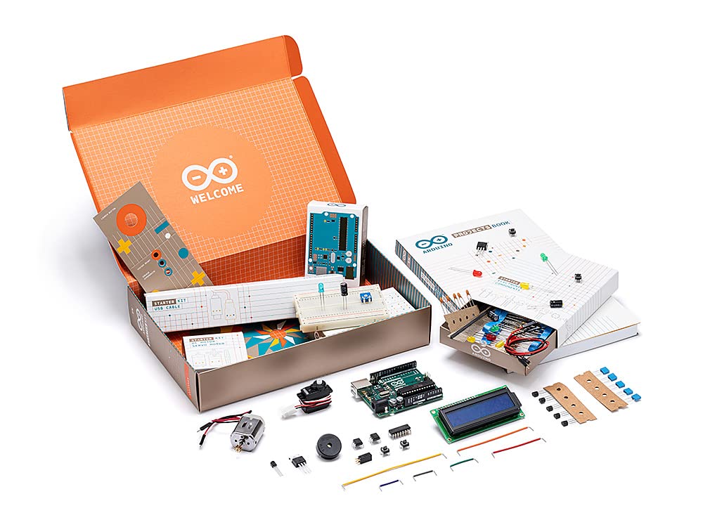 Arduino Official Starter Kit components spread showcases genuine parts for creative electronics projects.