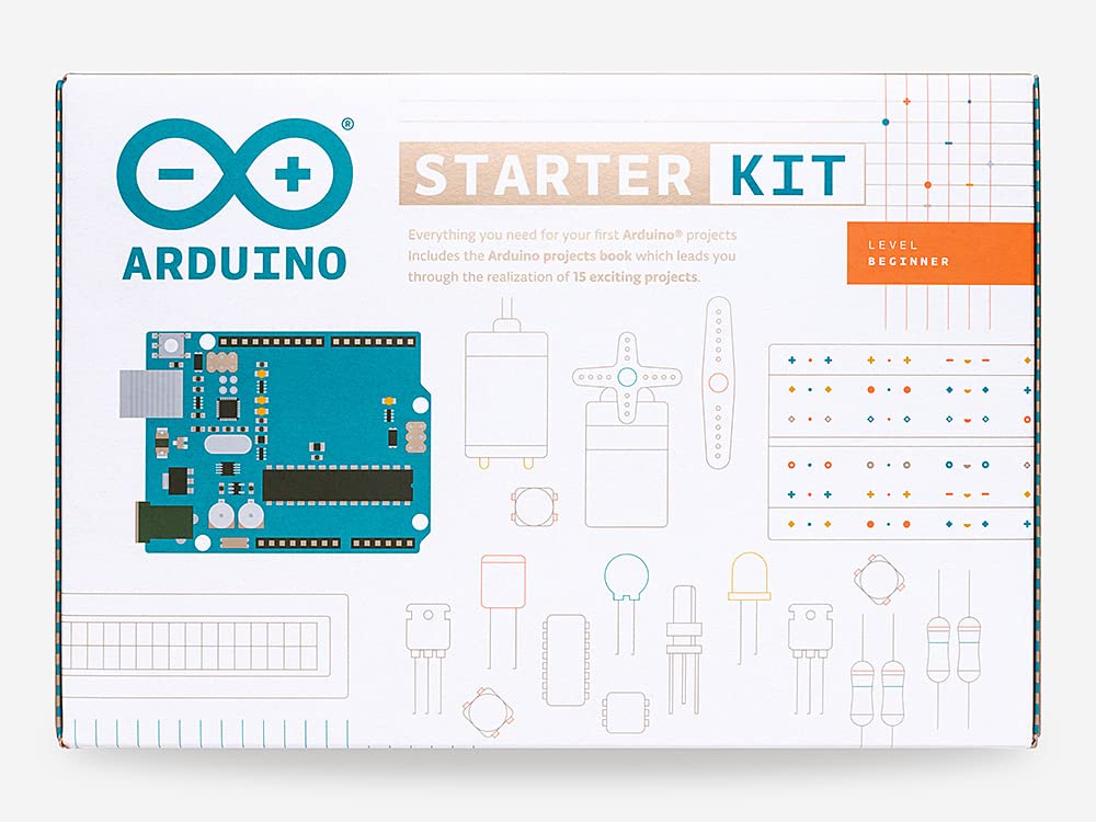 Arduino Official Starter Kit projects book open, guiding beginners through step-by-step experimentation.