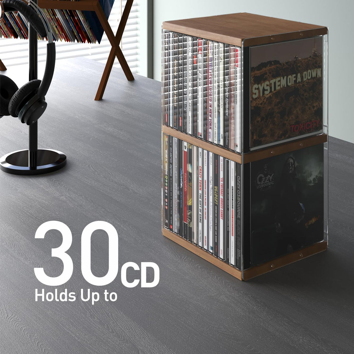 AREAJD 30-CD capacity display on walnut rack enhances organization.