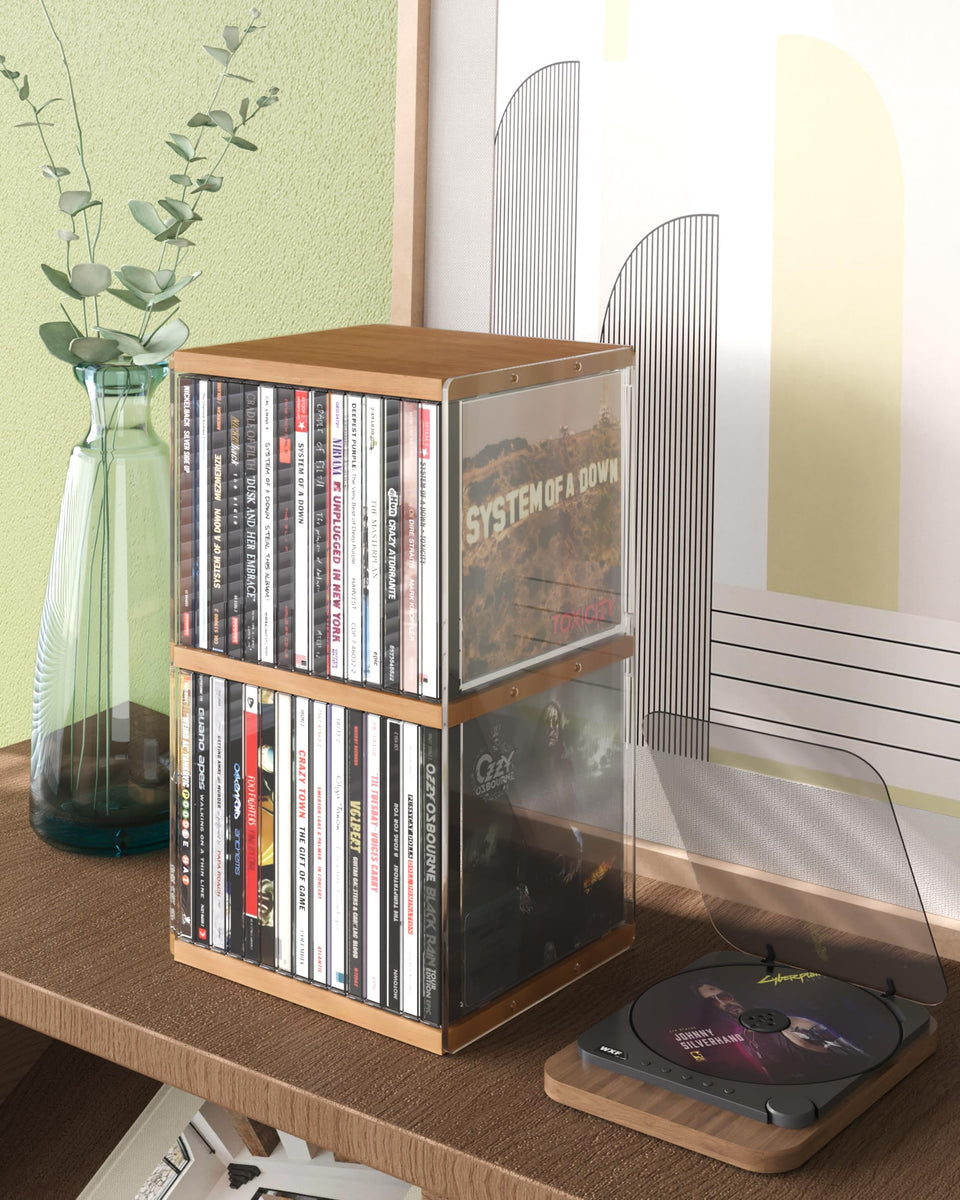 AREAJD retro walnut CD holder front view keeps 30 CDs organized for quick access.
