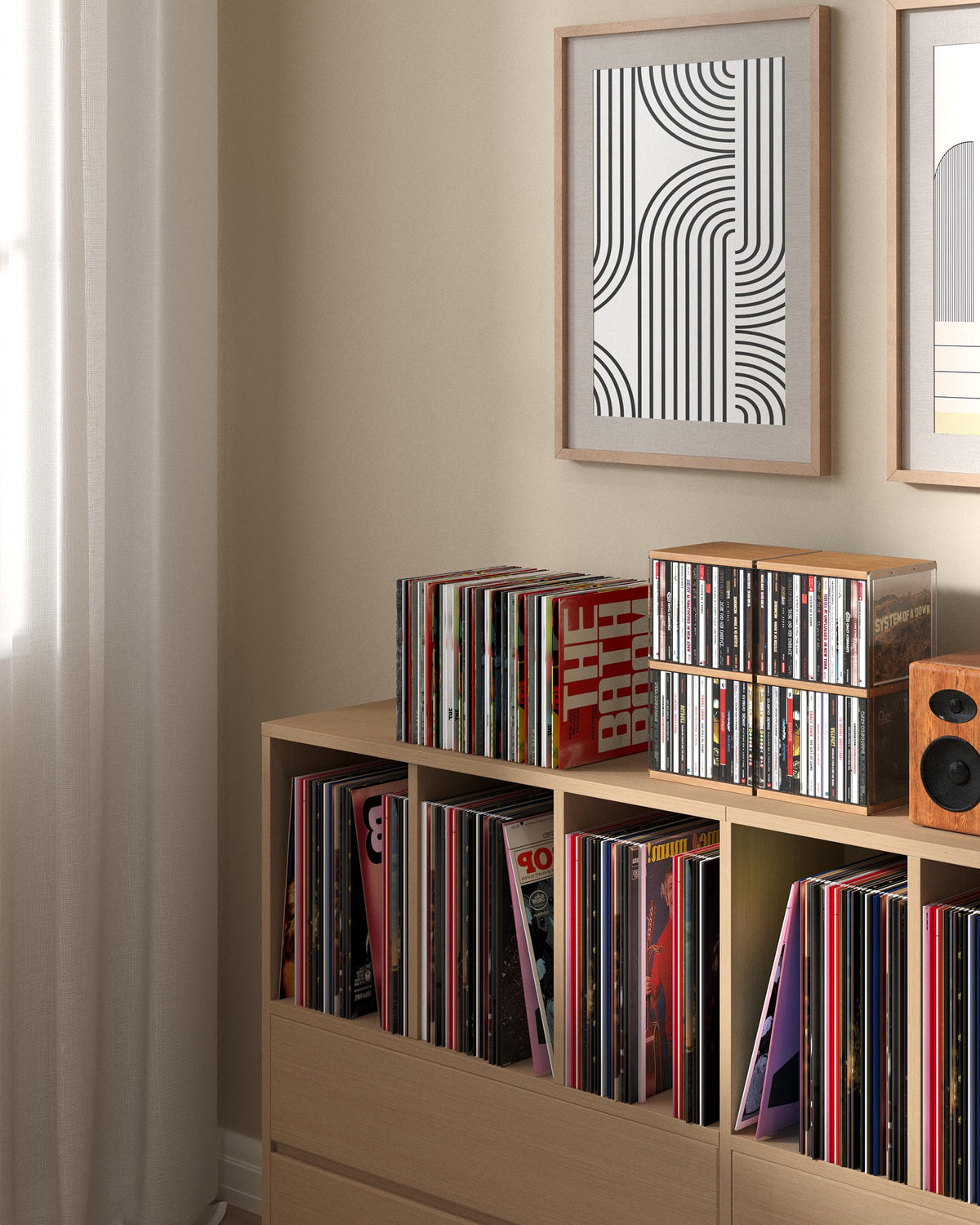 AREAJD retro CD rack open shelves allow easy browsing of titles.