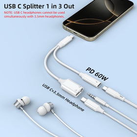 AreMe USB-C splitter delivering up to 60W PD fast charging for devices