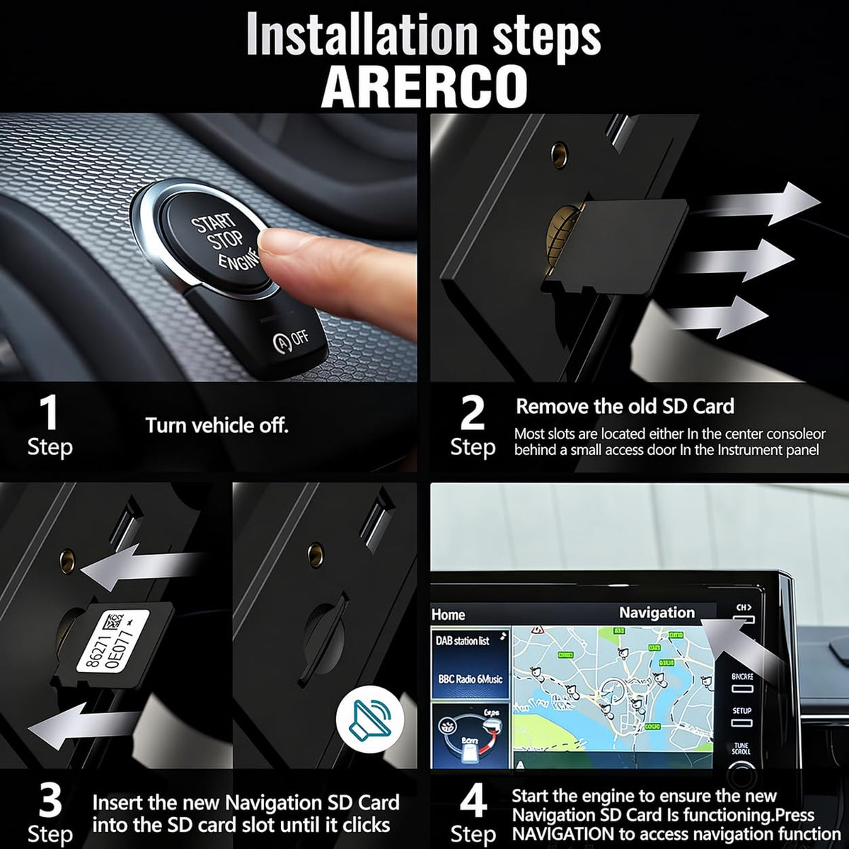 ARERCO plug-and-play installation shown with navigation card for Toyota.