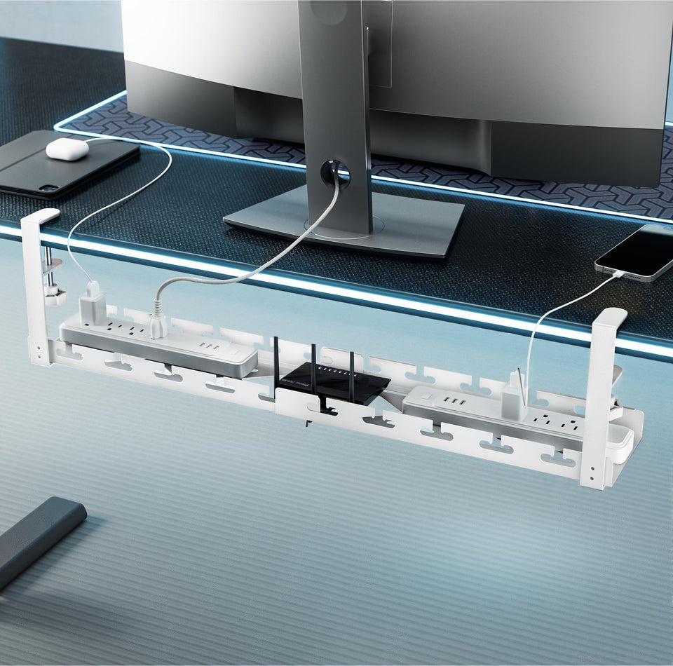 ARES WING cable tray extends from 17 to 28.7 inches for flexible under-desk organization