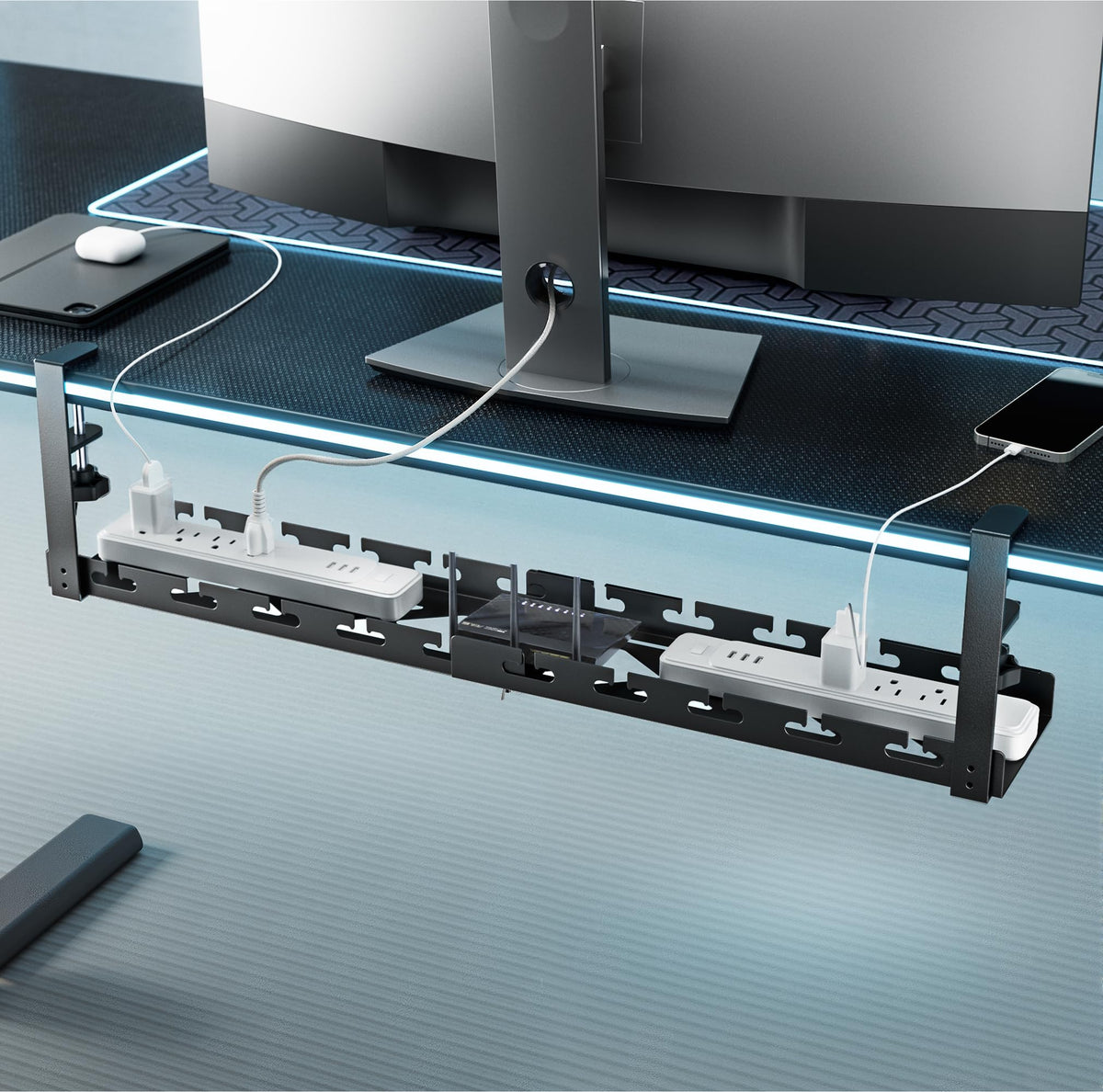 ARES WING extendable under-desk cable tray at full length keeps cords organized and accessible.