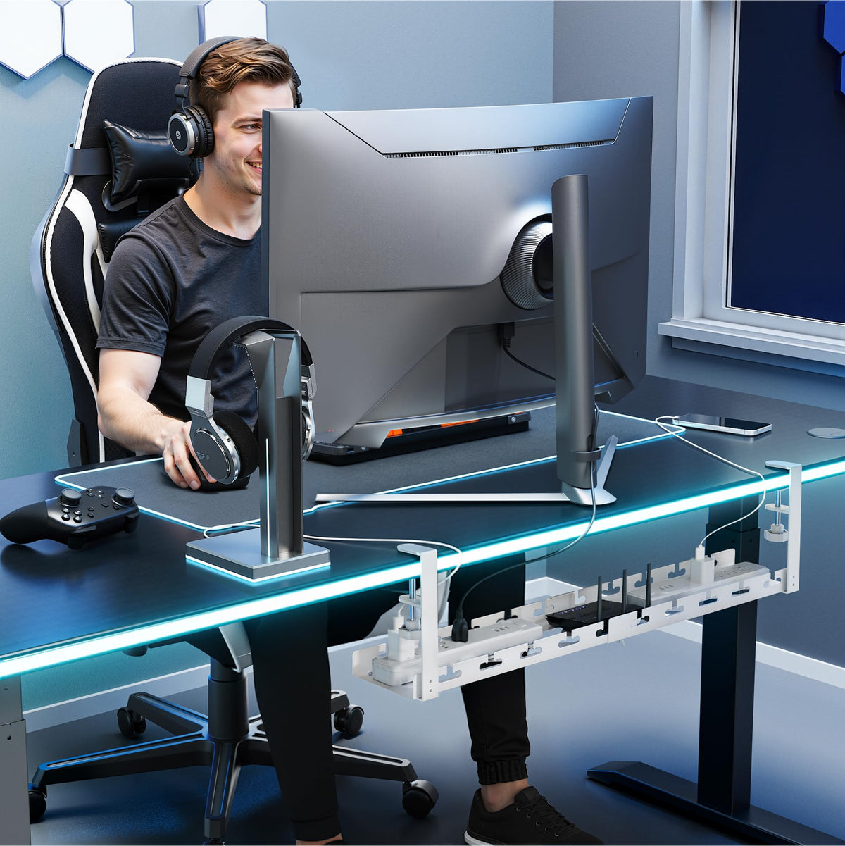 ARES WING under-desk tray in use, showcasing organized cables