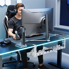 ARES WING under-desk tray in use, showcasing organized cables