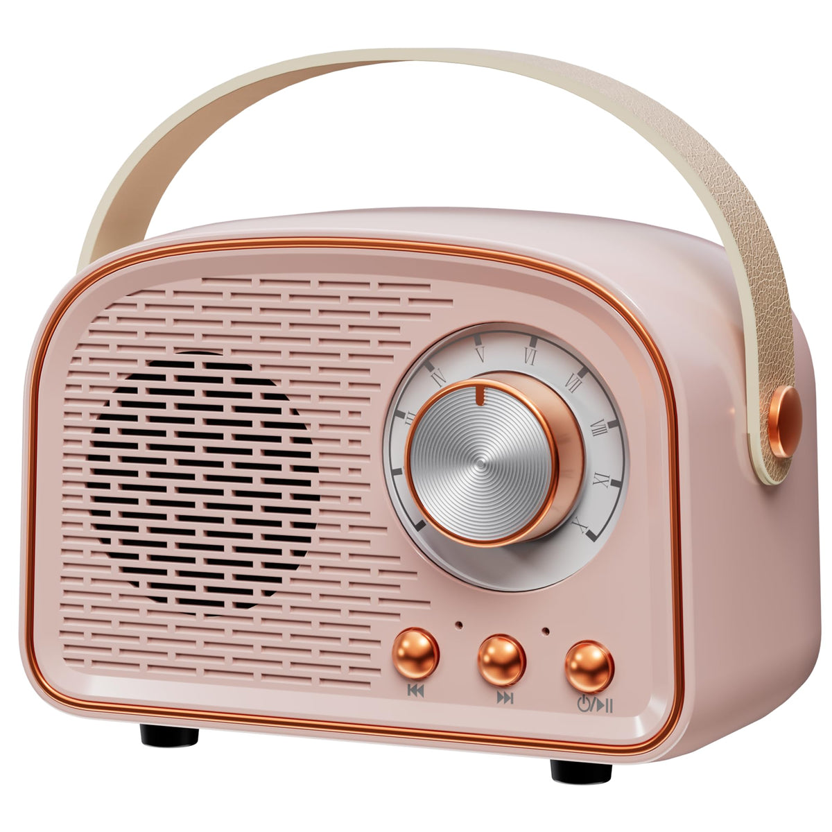 Aresrora front view pink speaker showing vintage design and portable benefit