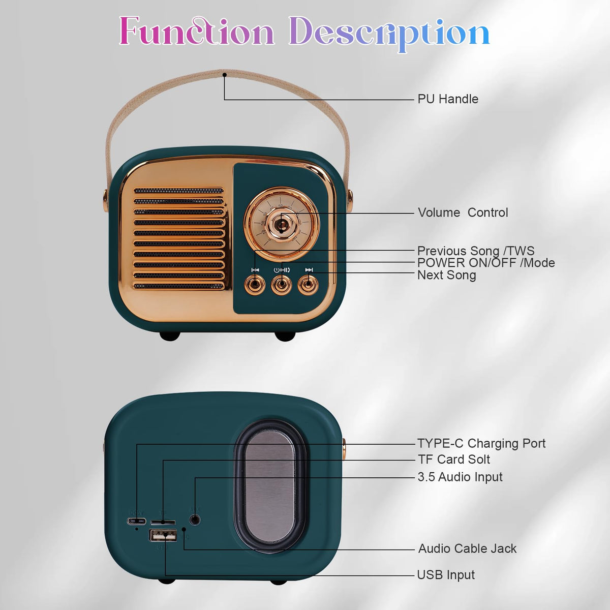 Aresrora retro Bluetooth speaker on a shelf, ideal for home decor