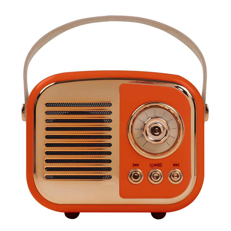 Aresrora retro Bluetooth speaker orange front view, compact portable design for rooms and travel