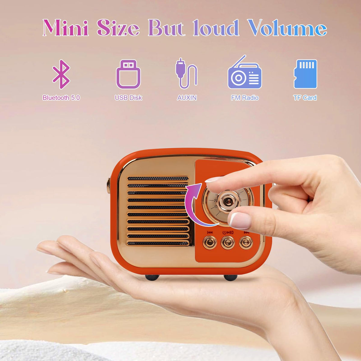 Aresrora orange retro Bluetooth speaker top view with volume knob, easy on-the-go control