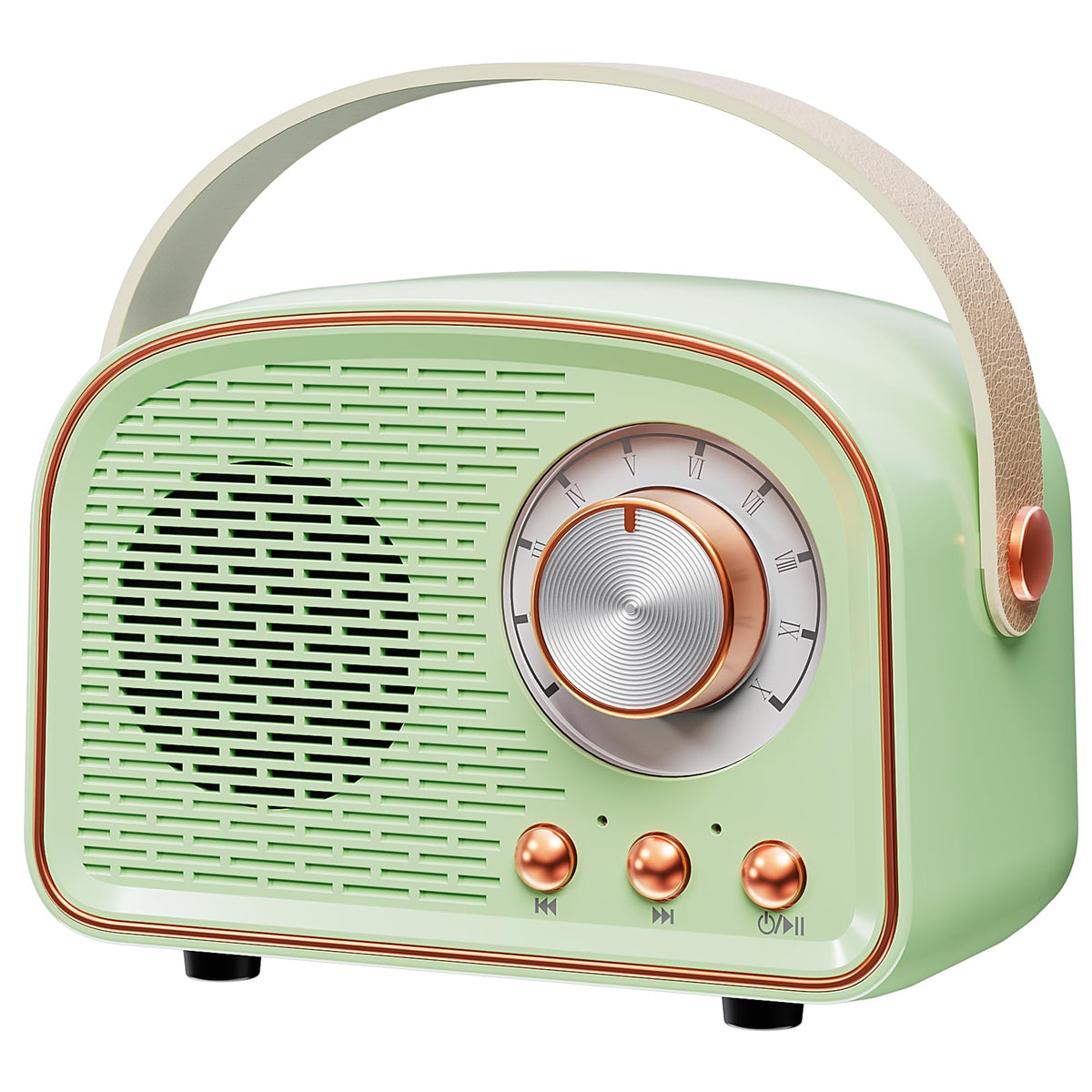 Aresrora front view showing vintage grille and cyan finish for stylish audio