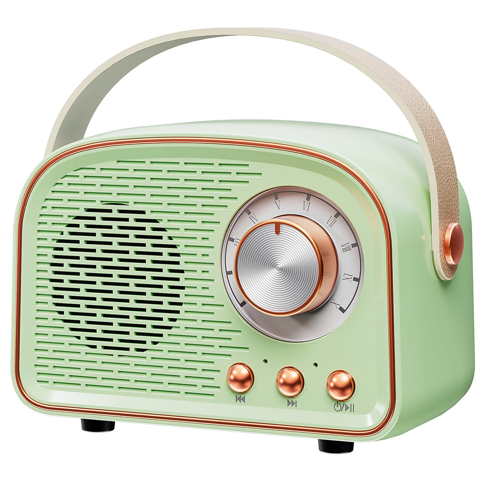Aresrora front view showing vintage grille and cyan finish for stylish audio
