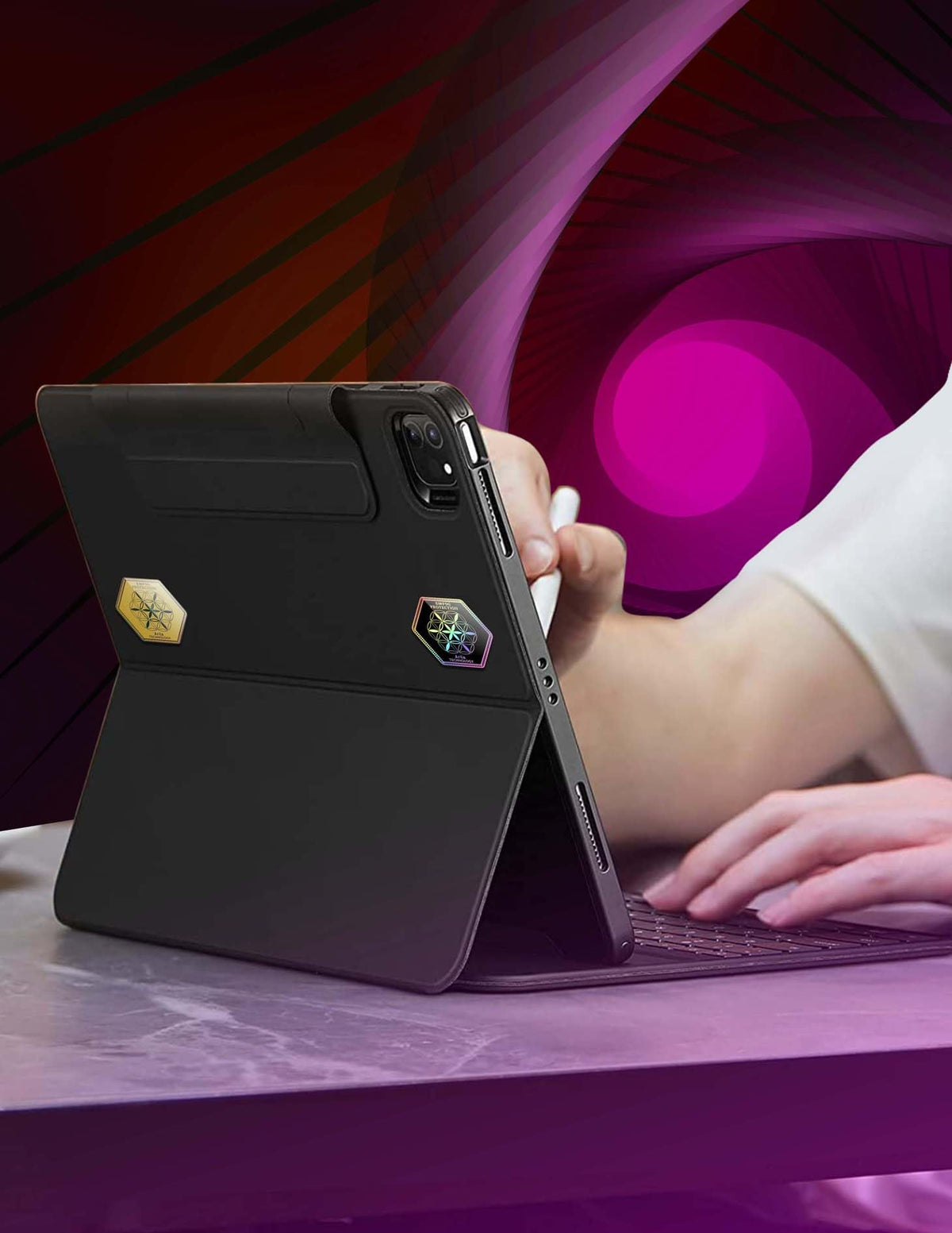 Arila Silver Protection Sticker applied to tablet edge for subtle shine.