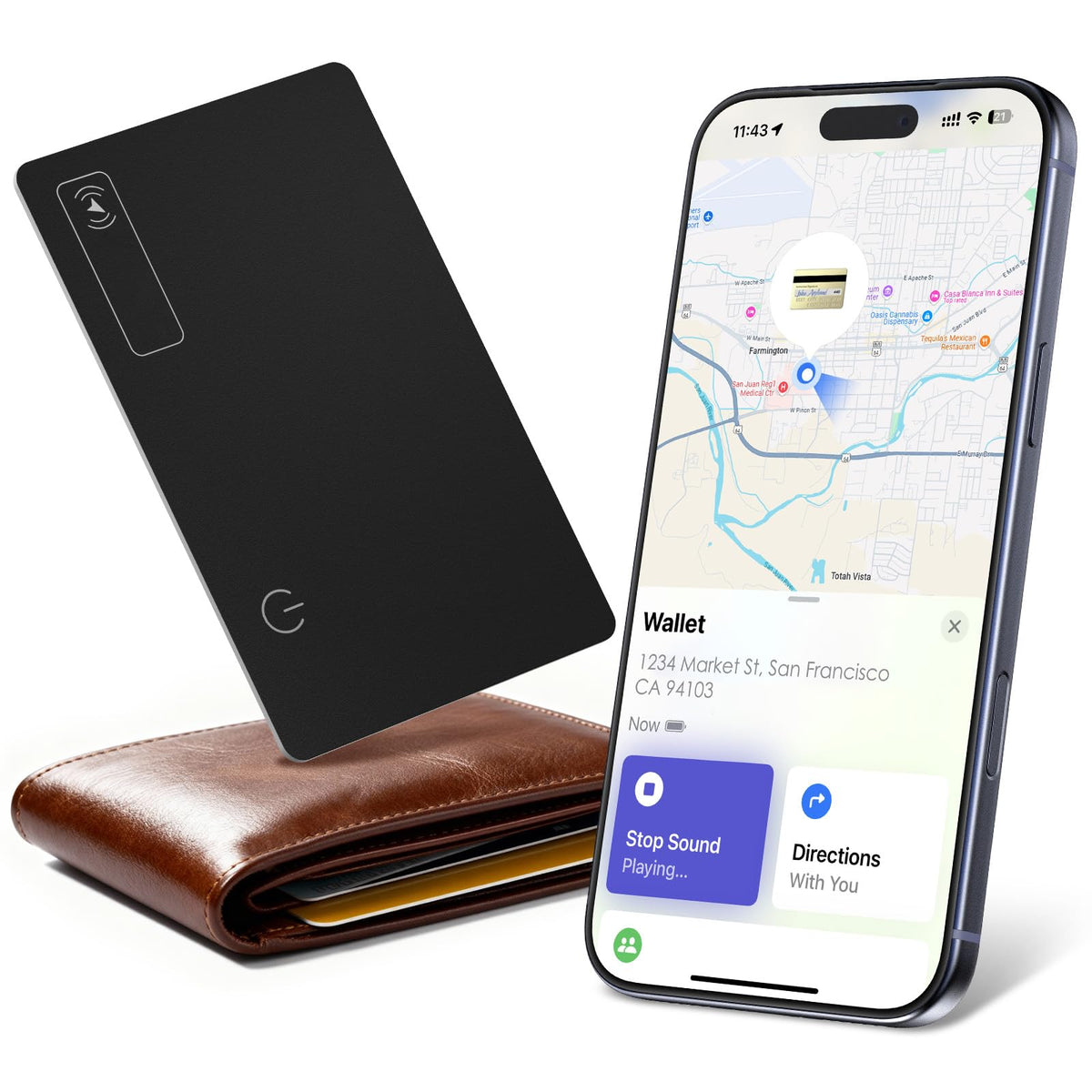 ARIVEXA Wallet Tracker Card shows Apple Find My compatibility on map for quick location