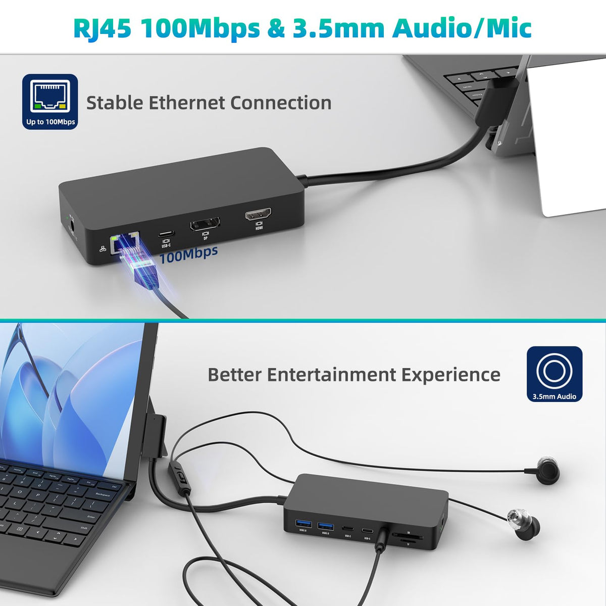 Arkidyn Surface Docking Station USB-C/USB-A ports enable quick data transfer.