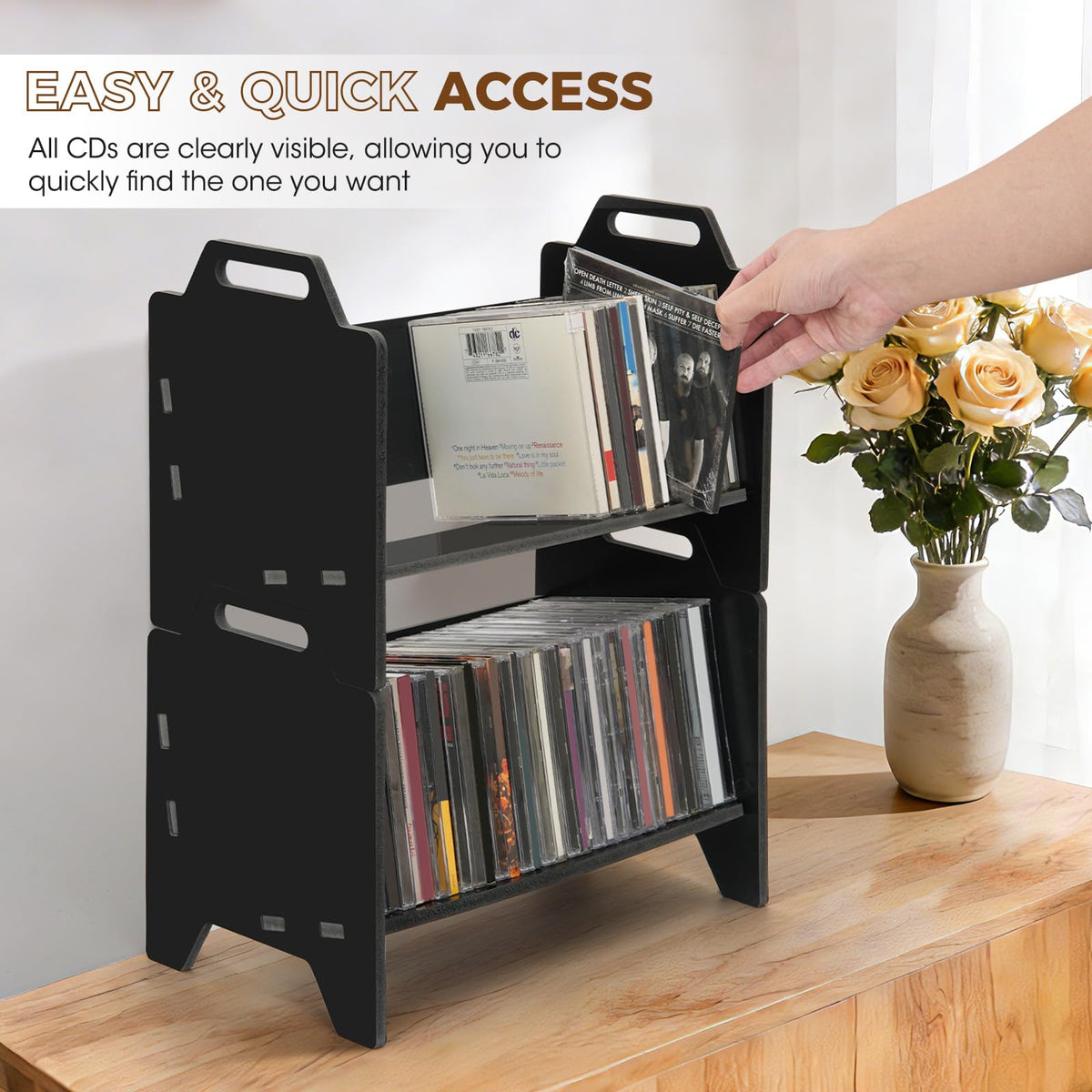 Arkiya CD storage tower desktop use shows easy access to disks.