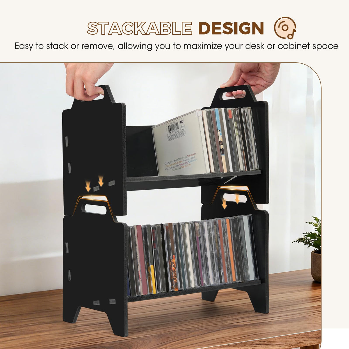 Arkiya stackable CD rack top view highlights modular stacking.