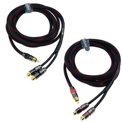 Arklove front packaging showing two 7ft RCA splitter cables and benefits