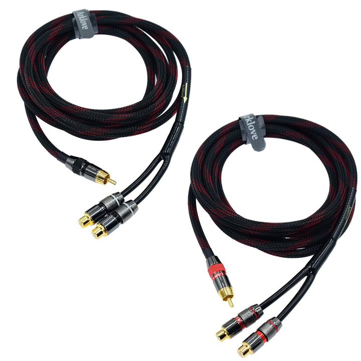 Arklove front packaging showing two 7ft RCA splitter cables and benefits