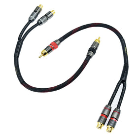 Arklove front packaging showing two 2ft RCA Y adapters and feature callouts for durability