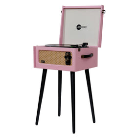 Arkrocket Discovery 3-Speed belt-drive pink turntable with built-in Bluetooth for wireless listening.