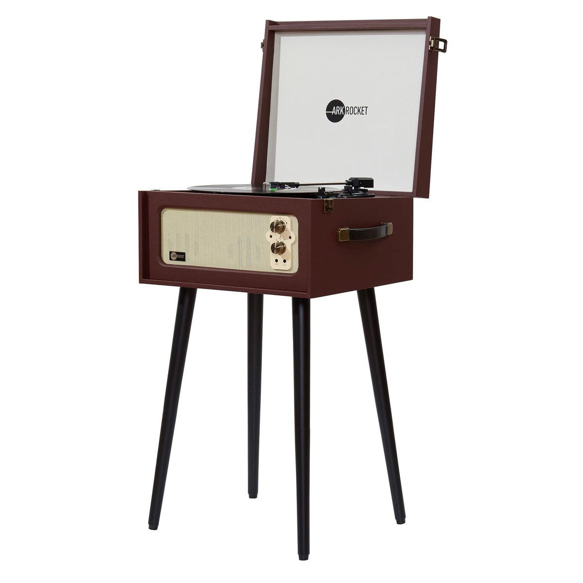 Arkrocket Discovery II brown wooden body with built-in speakers for room-filling sound.