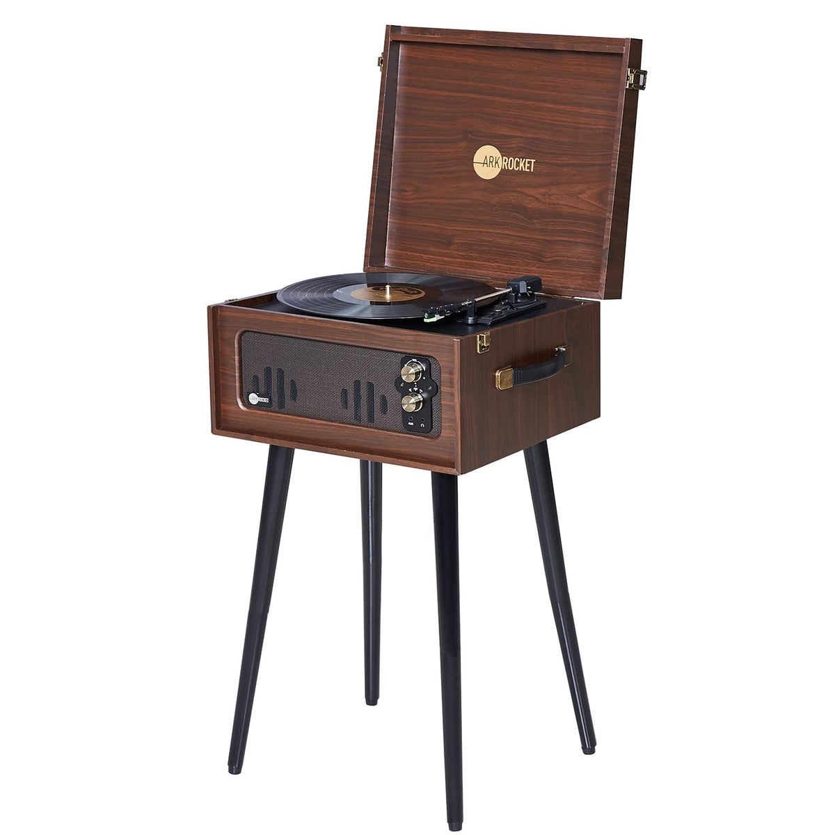 Arkrocket Discovery II turntable in dark walnut with built-in speakers for rich vinyl playback.