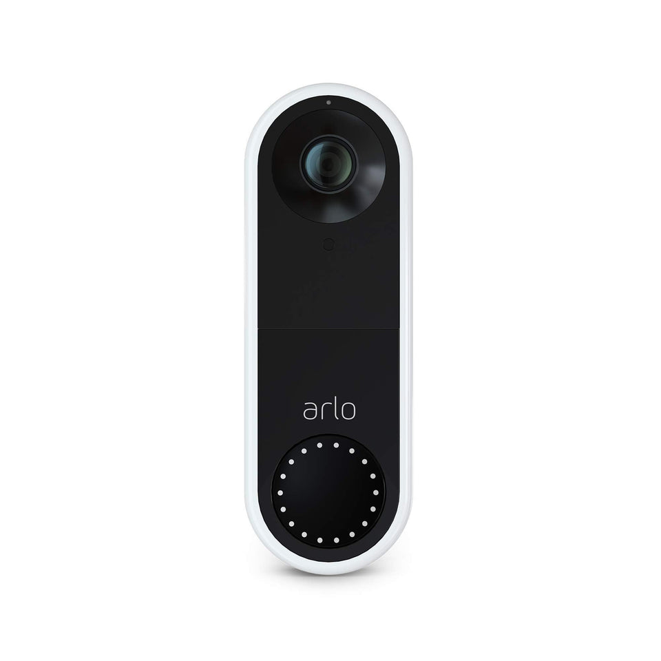Arlo doorbell front view showing HD lens and button, improves entry visibility