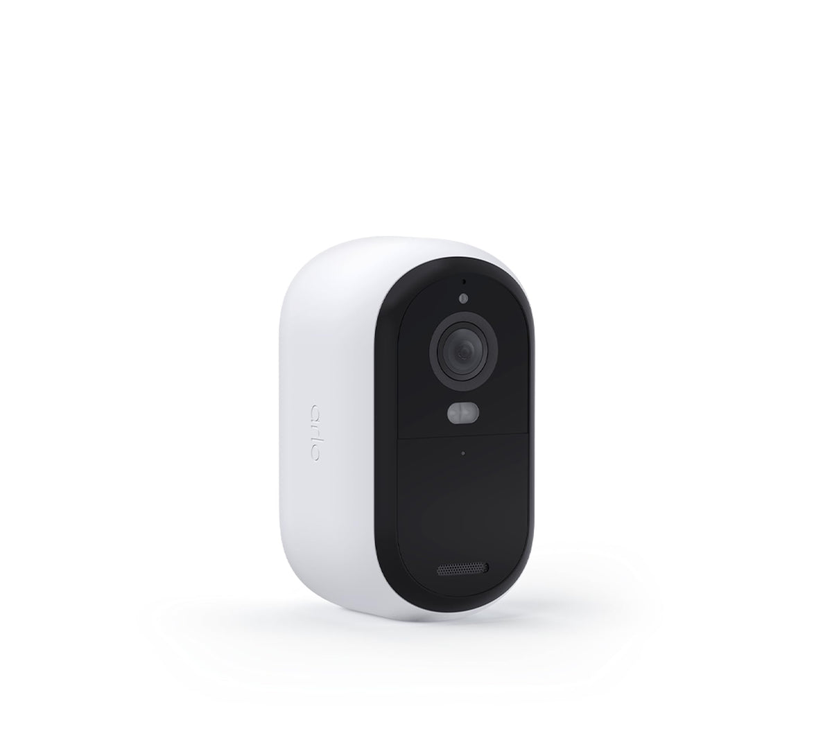 Arlo Essential camera front view showing spotlight and lens for improved nighttime clarity