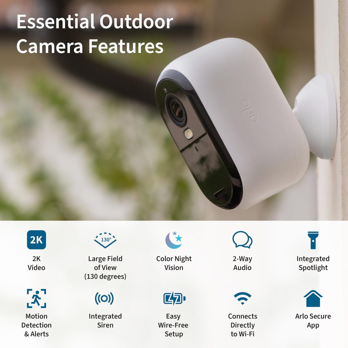 Arlo Essential 2K cam indoor-outdoor setup enables flexible placement.