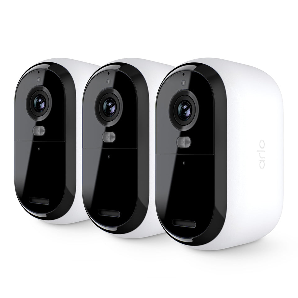Arlo Essential 3-pack outdoor cameras front view for complete home monitoring.