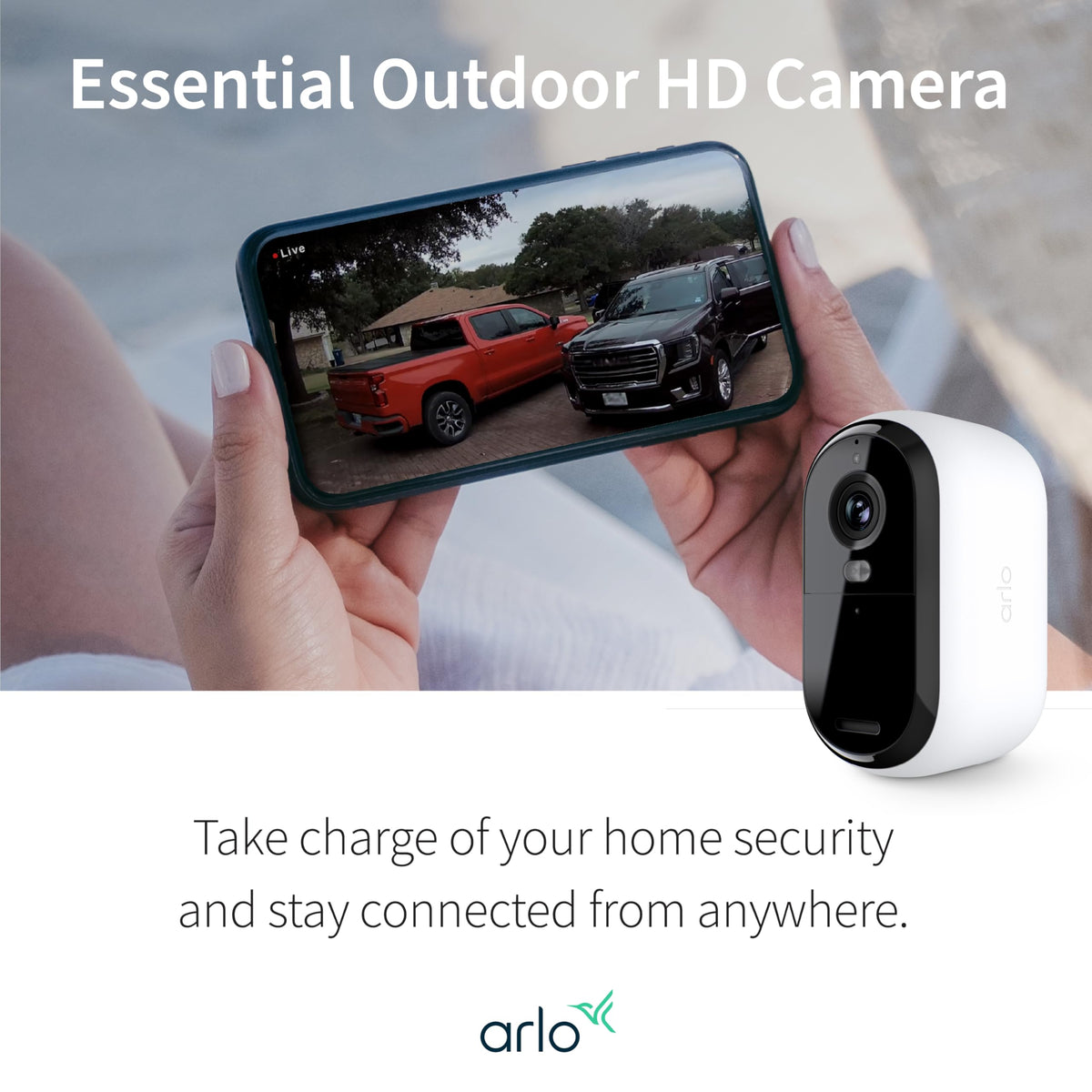 Arlo Essential battery-powered installation image demonstrates flexible outdoor placement.