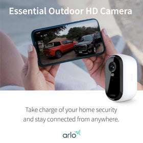 Arlo Essential battery-powered installation image demonstrates flexible outdoor placement.