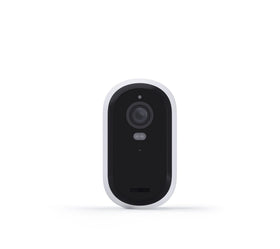 Arlo Essential branded front view showing camera lens and clean design for easy placement